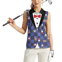Christmas Patchwork Fake Tuxedo Women Sleeveless Polo Shirt Santa and Reindeer Blue Plaid Style - Wonder Print Shop