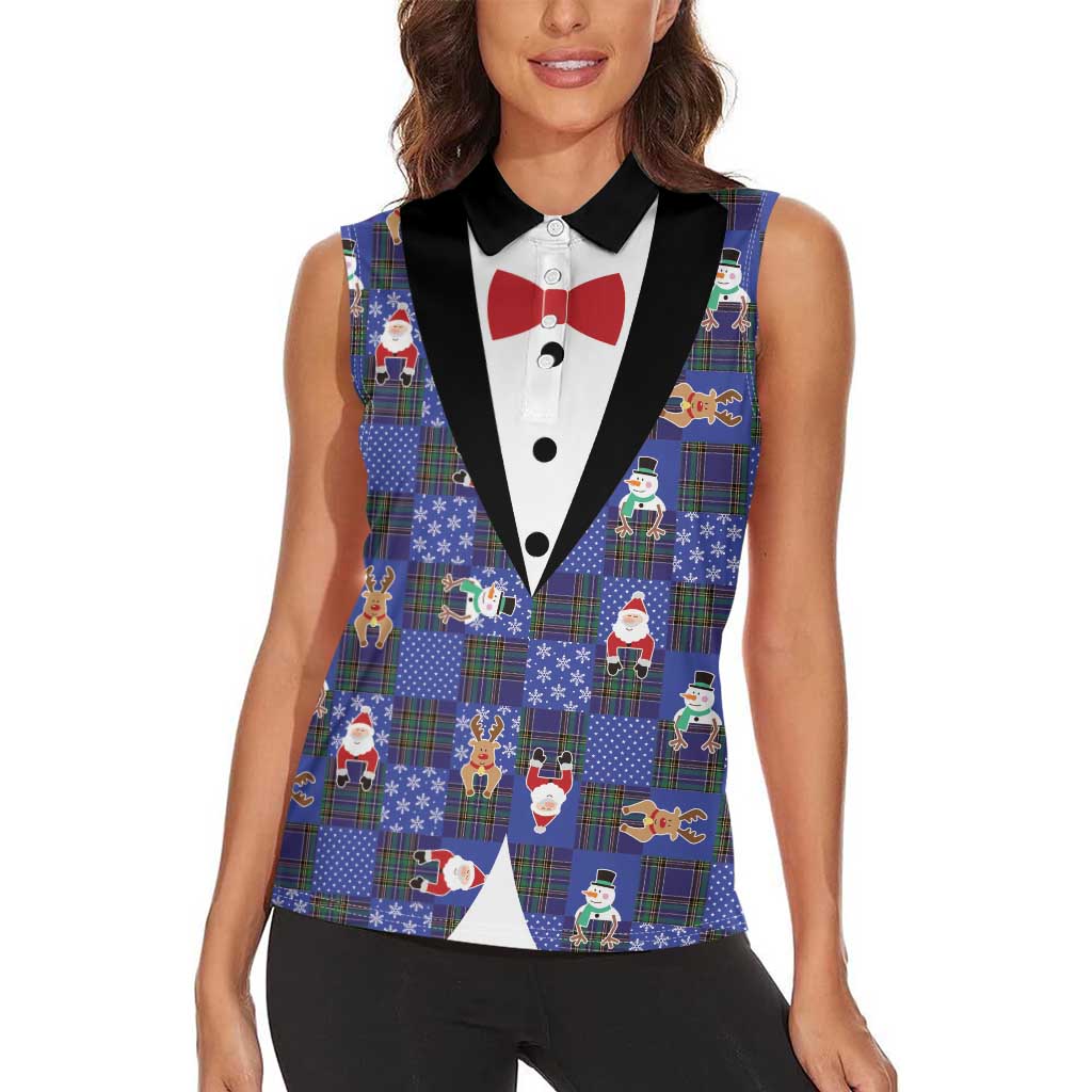 Christmas Patchwork Fake Tuxedo Women Sleeveless Polo Shirt Santa and Reindeer Blue Plaid Style - Wonder Print Shop