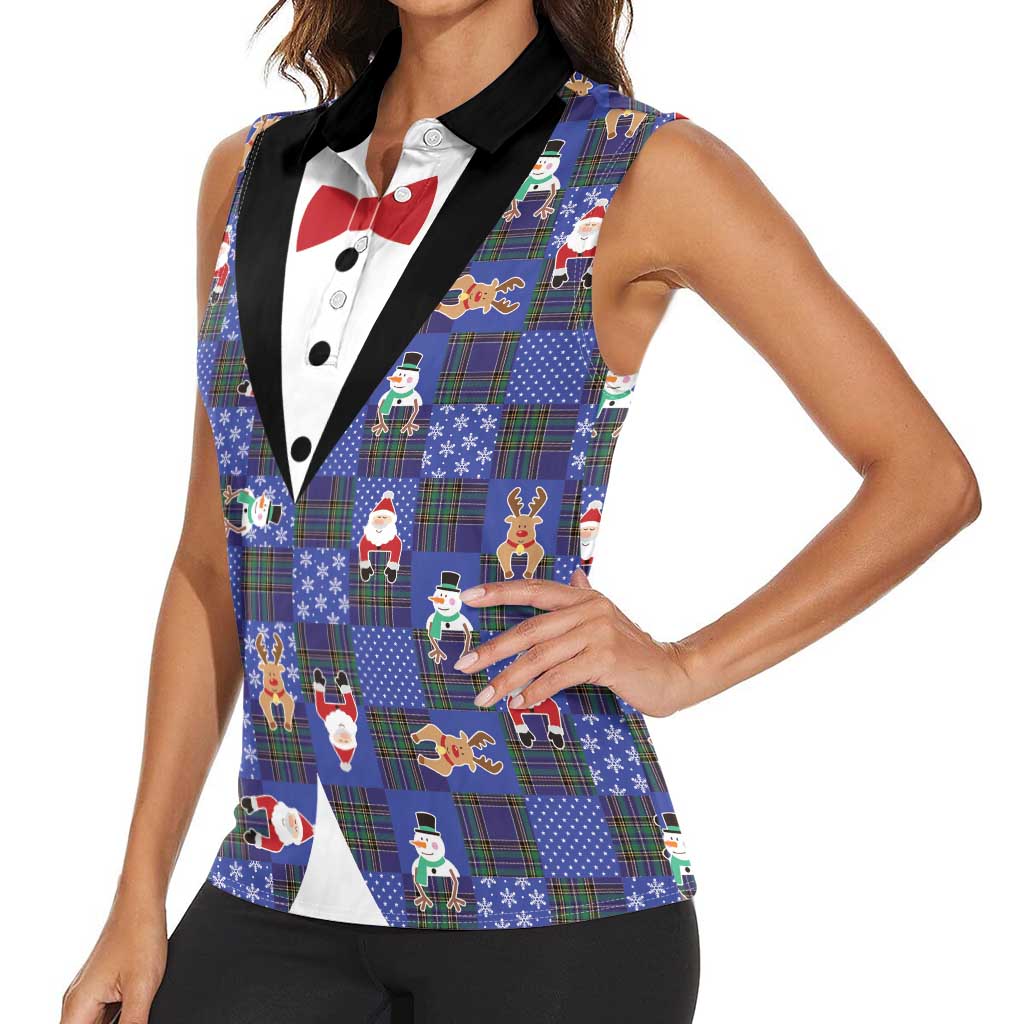 Christmas Patchwork Fake Tuxedo Women Sleeveless Polo Shirt Santa and Reindeer Blue Plaid Style - Wonder Print Shop