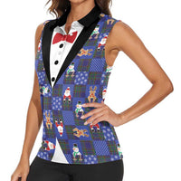 Christmas Patchwork Fake Tuxedo Women Sleeveless Polo Shirt Santa and Reindeer Blue Plaid Style - Wonder Print Shop