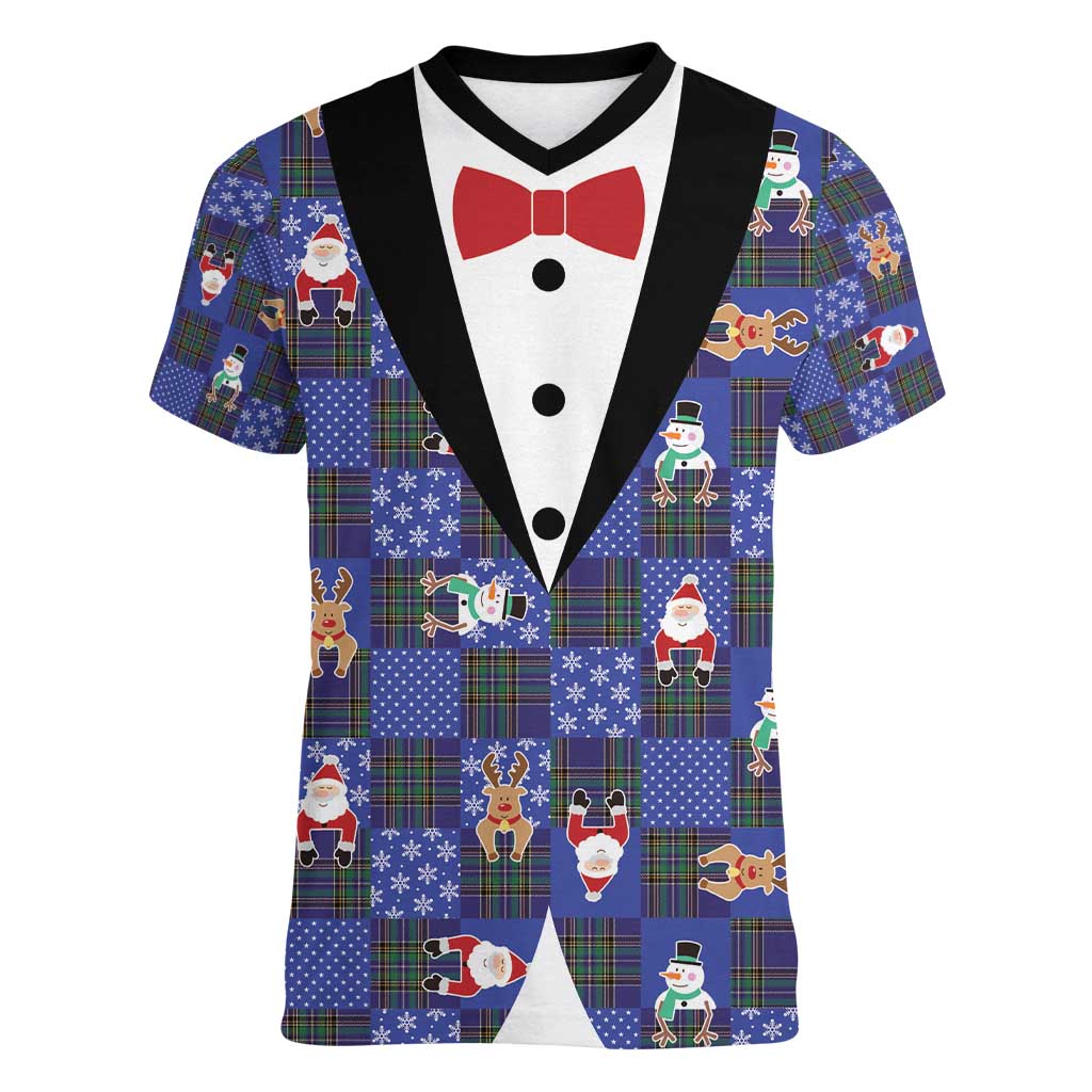 Christmas Patchwork Fake Tuxedo Women V-Neck T-Shirt Santa and Reindeer Blue Plaid Style - Wonder Print Shop