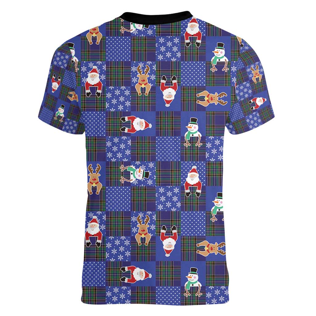 Christmas Patchwork Fake Tuxedo Women V-Neck T-Shirt Santa and Reindeer Blue Plaid Style - Wonder Print Shop