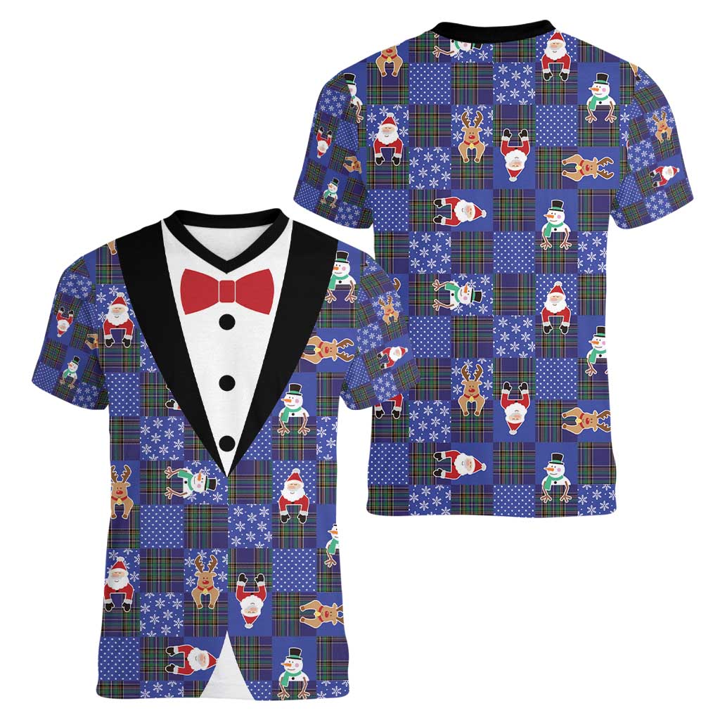 Christmas Patchwork Fake Tuxedo Women V-Neck T-Shirt Santa and Reindeer Blue Plaid Style - Wonder Print Shop