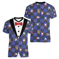 Christmas Patchwork Fake Tuxedo Women V-Neck T-Shirt Santa and Reindeer Blue Plaid Style - Wonder Print Shop