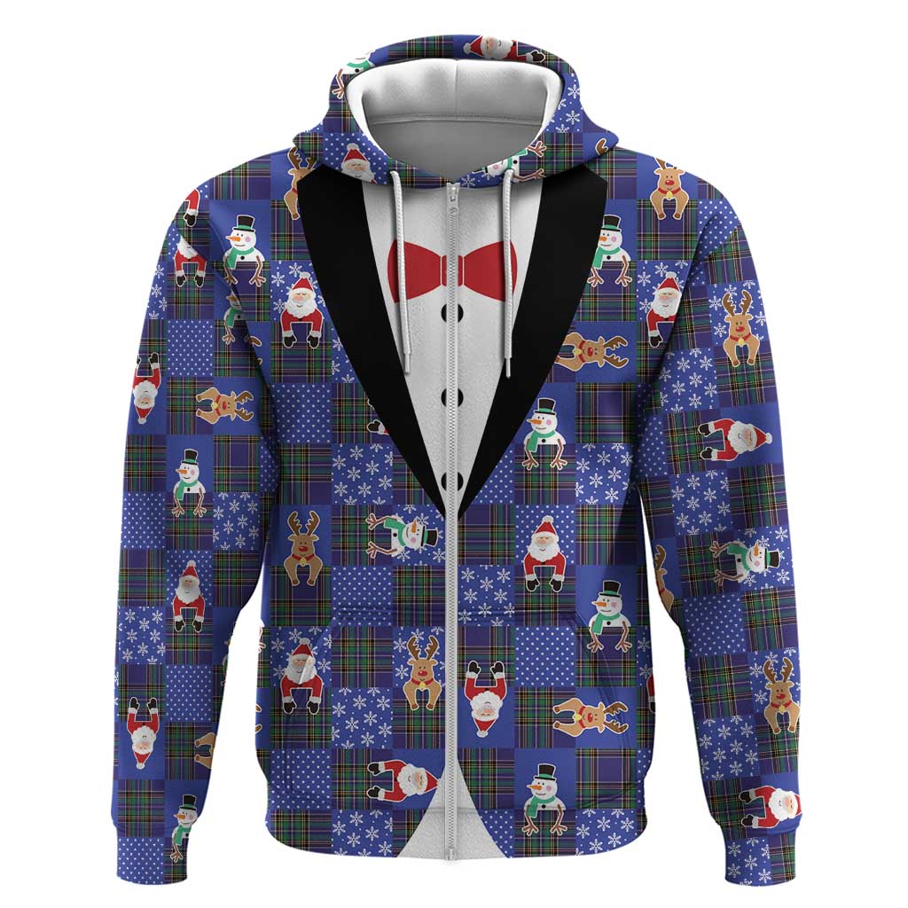 Christmas Patchwork Fake Tuxedo Zip Hoodie Santa and Reindeer Blue Plaid Style - Wonder Print Shop