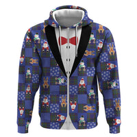 Christmas Patchwork Fake Tuxedo Zip Hoodie Santa and Reindeer Blue Plaid Style - Wonder Print Shop