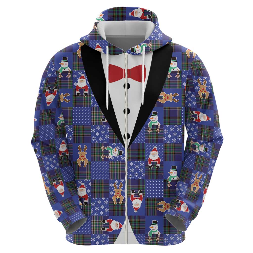 Christmas Patchwork Fake Tuxedo Zip Hoodie Santa and Reindeer Blue Plaid Style - Wonder Print Shop