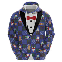 Christmas Patchwork Fake Tuxedo Zip Hoodie Santa and Reindeer Blue Plaid Style - Wonder Print Shop