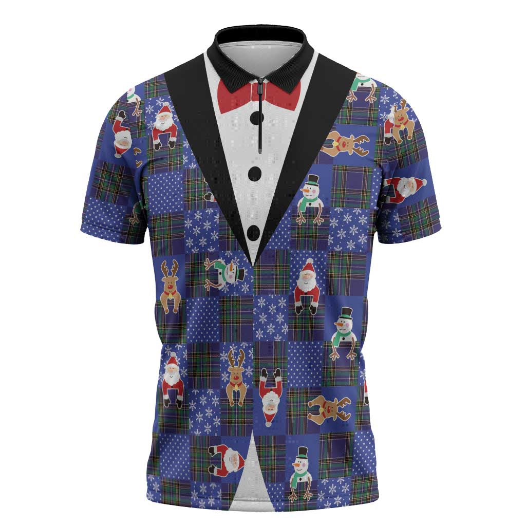 Christmas Patchwork Fake Tuxedo Zipper Polo Shirt Santa and Reindeer Blue Plaid Style - Wonder Print Shop