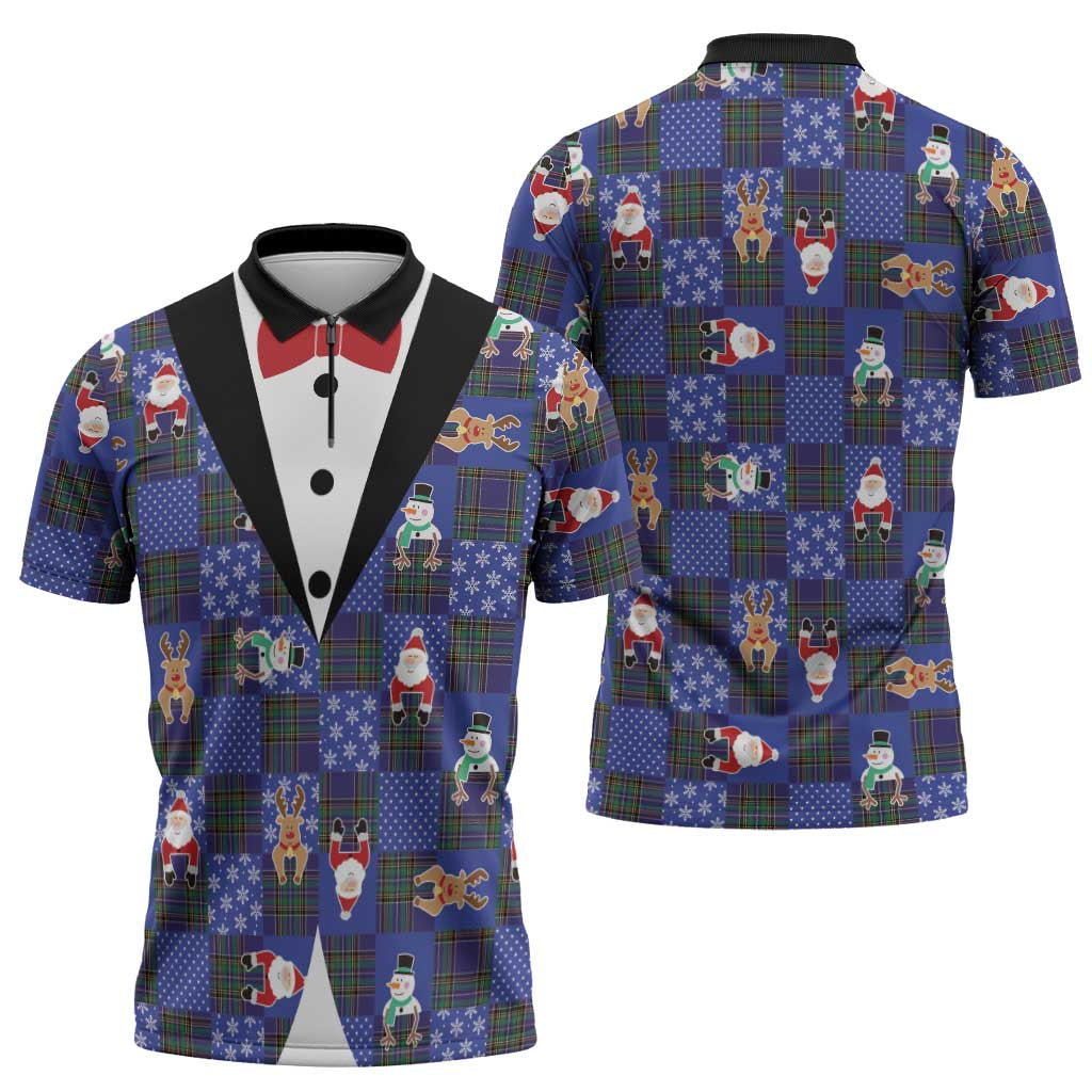 Christmas Patchwork Fake Tuxedo Zipper Polo Shirt Santa and Reindeer Blue Plaid Style - Wonder Print Shop