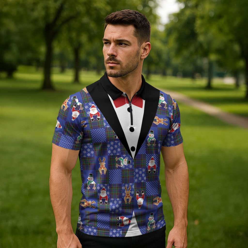 Christmas Patchwork Fake Tuxedo Zipper Polo Shirt Santa and Reindeer Blue Plaid Style - Wonder Print Shop