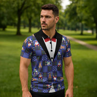 Christmas Patchwork Fake Tuxedo Zipper Polo Shirt Santa and Reindeer Blue Plaid Style - Wonder Print Shop