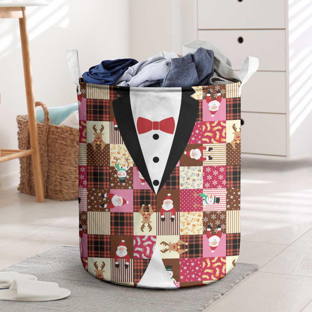 Christmas Patchwork Fake Tuxedo Laundry Basket Santa and Reindeer Pink Plaid Style - Wonder Print Shop