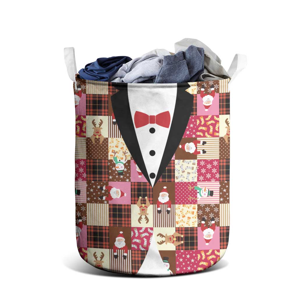Christmas Patchwork Fake Tuxedo Laundry Basket Santa and Reindeer Pink Plaid Style - Wonder Print Shop