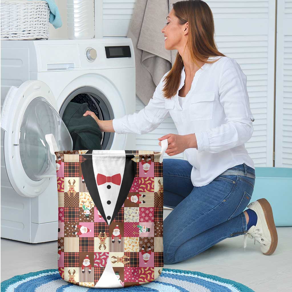 Christmas Patchwork Fake Tuxedo Laundry Basket Santa and Reindeer Pink Plaid Style - Wonder Print Shop