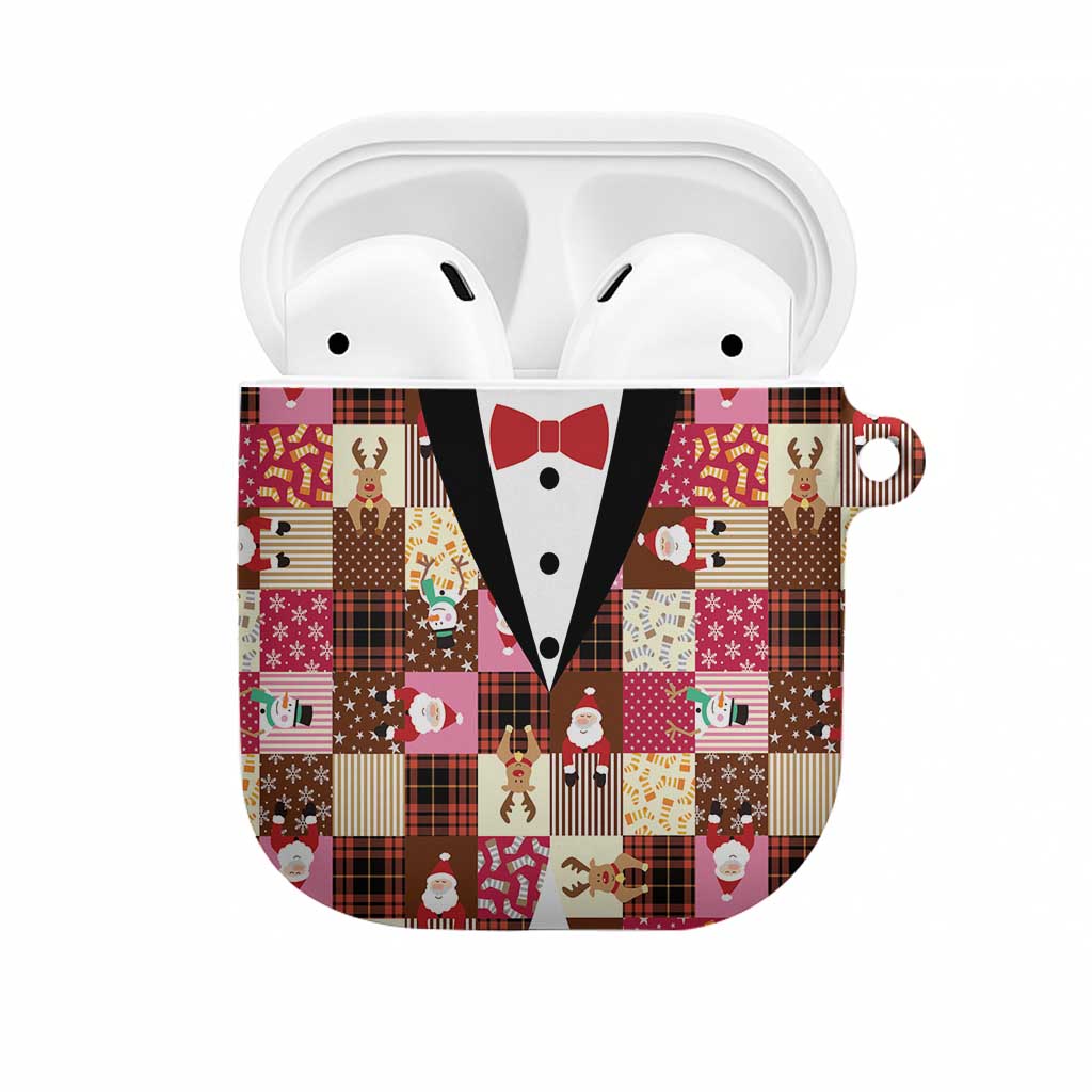 Christmas Patchwork Fake Tuxedo AirPods Case Santa and Reindeer Pink Plaid Style - Wonder Print Shop