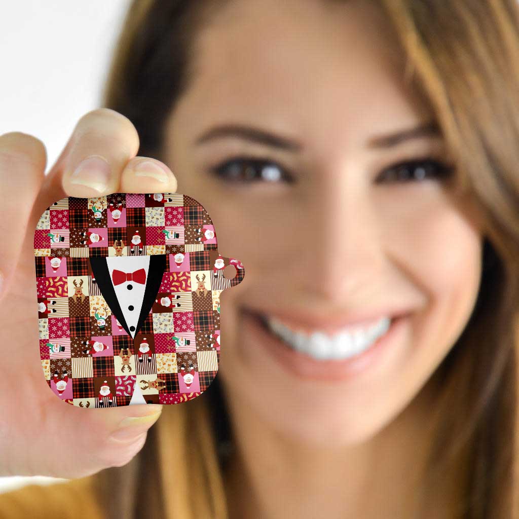 Christmas Patchwork Fake Tuxedo AirPods Case Santa and Reindeer Pink Plaid Style - Wonder Print Shop