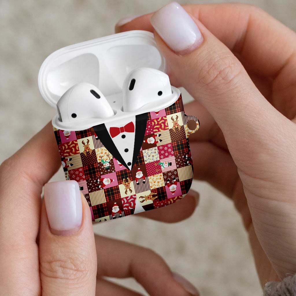 Christmas Patchwork Fake Tuxedo AirPods Case Santa and Reindeer Pink Plaid Style - Wonder Print Shop