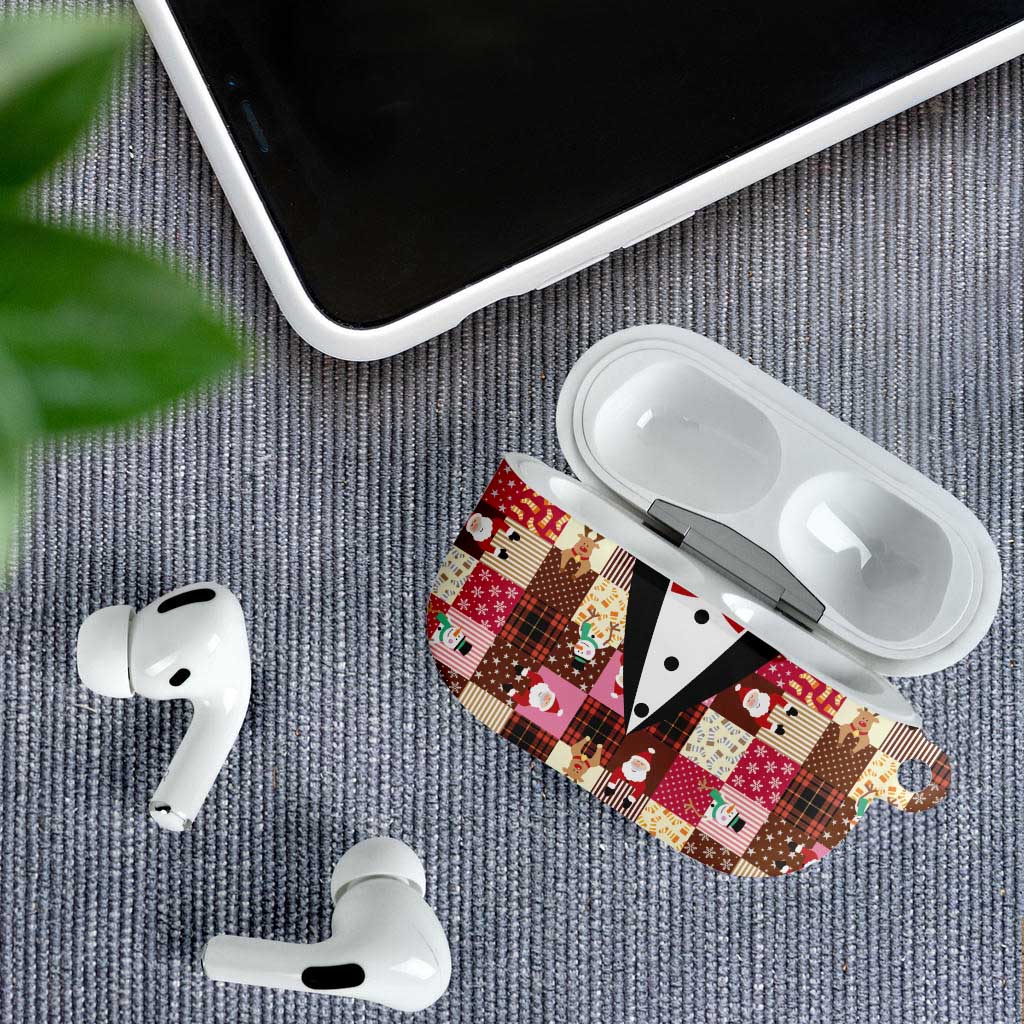 Christmas Patchwork Fake Tuxedo AirPods Case Santa and Reindeer Pink Plaid Style - Wonder Print Shop