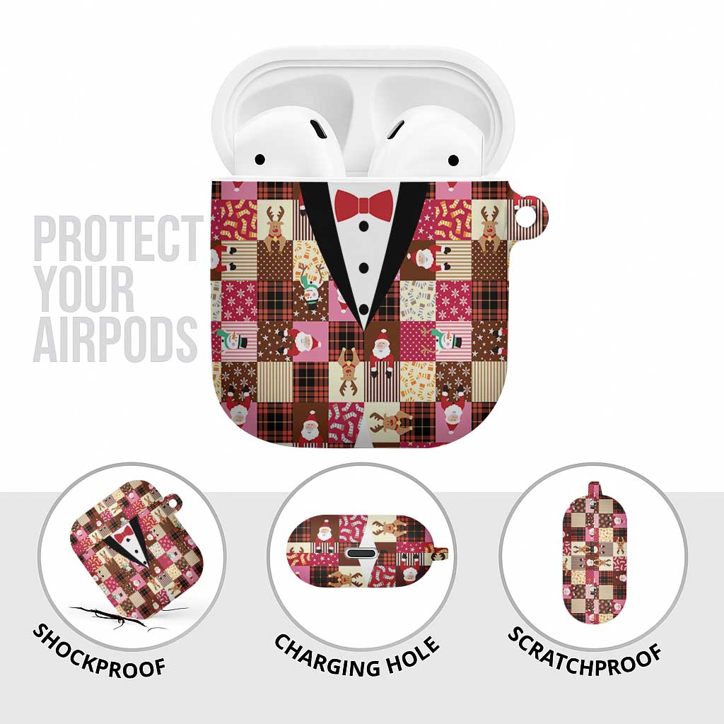 Christmas Patchwork Fake Tuxedo AirPods Case Santa and Reindeer Pink Plaid Style - Wonder Print Shop