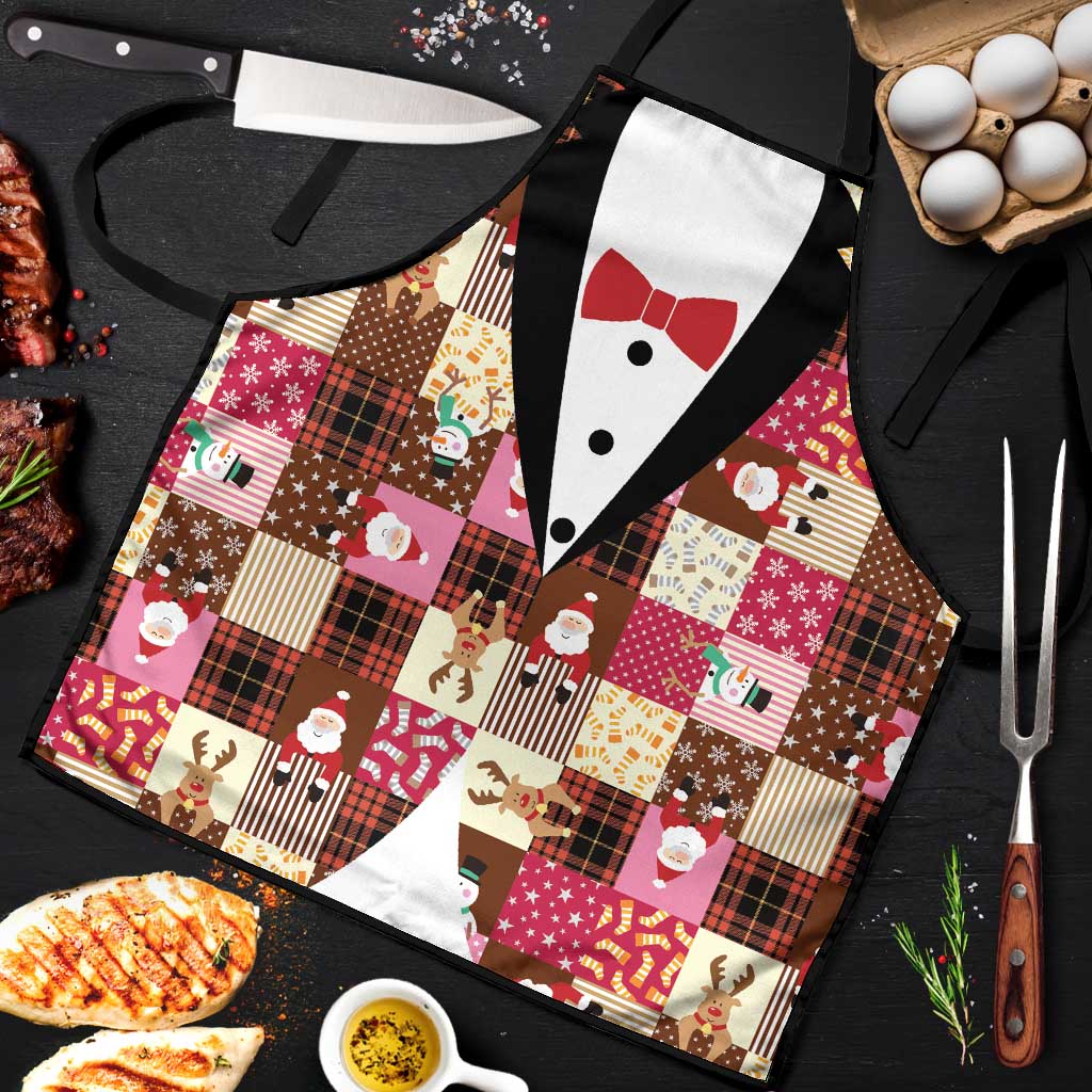 Christmas Patchwork Fake Tuxedo Apron Santa and Reindeer Pink Plaid Style - Wonder Print Shop