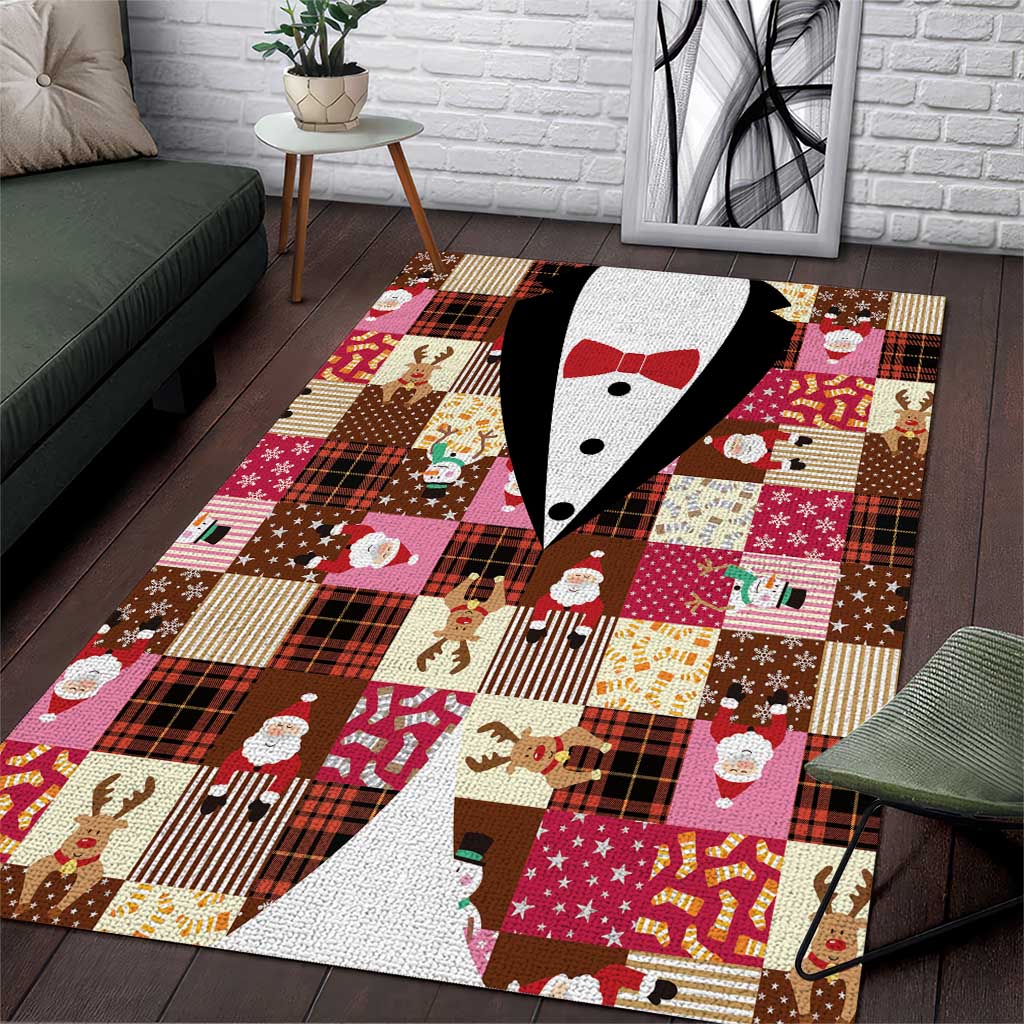 Christmas Patchwork Fake Tuxedo Area Rug Santa and Reindeer Pink Plaid Style - Wonder Print Shop