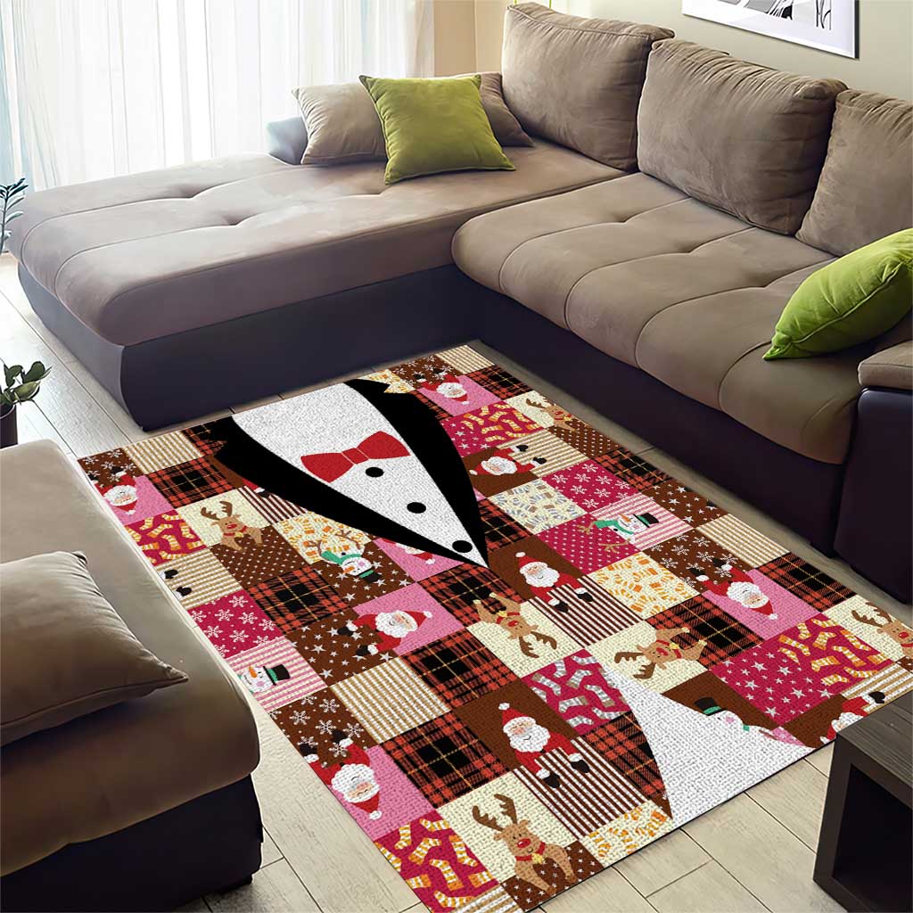 Christmas Patchwork Fake Tuxedo Area Rug Santa and Reindeer Pink Plaid Style - Wonder Print Shop