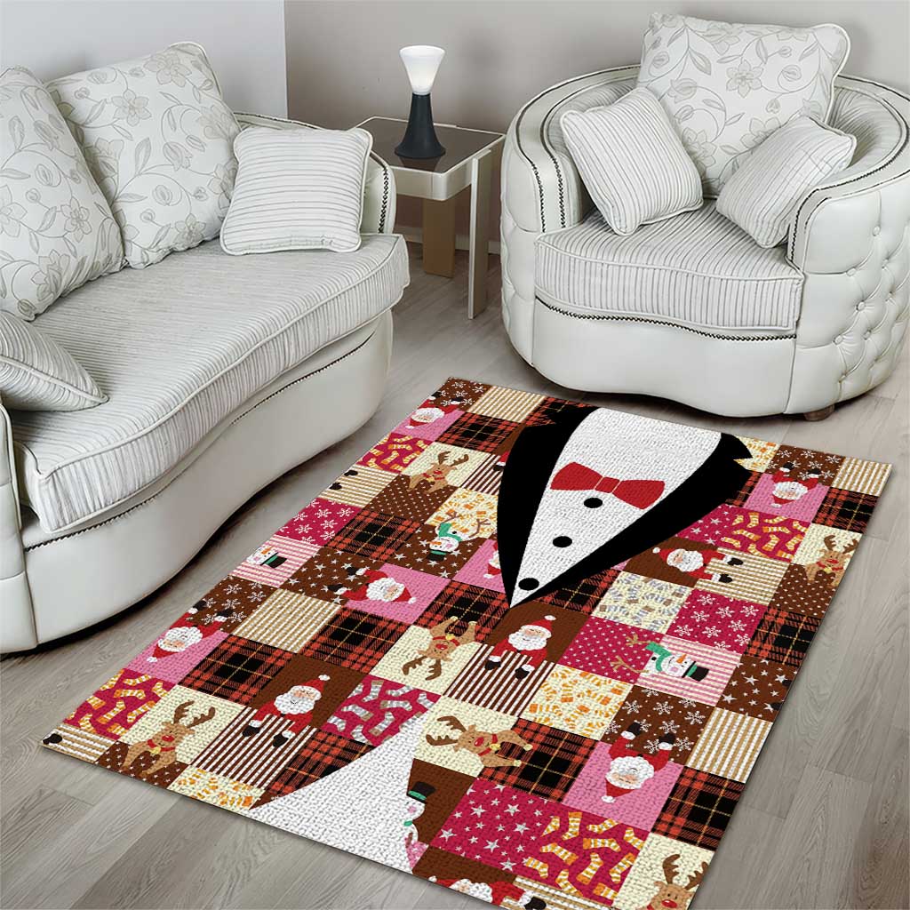 Christmas Patchwork Fake Tuxedo Area Rug Santa and Reindeer Pink Plaid Style - Wonder Print Shop