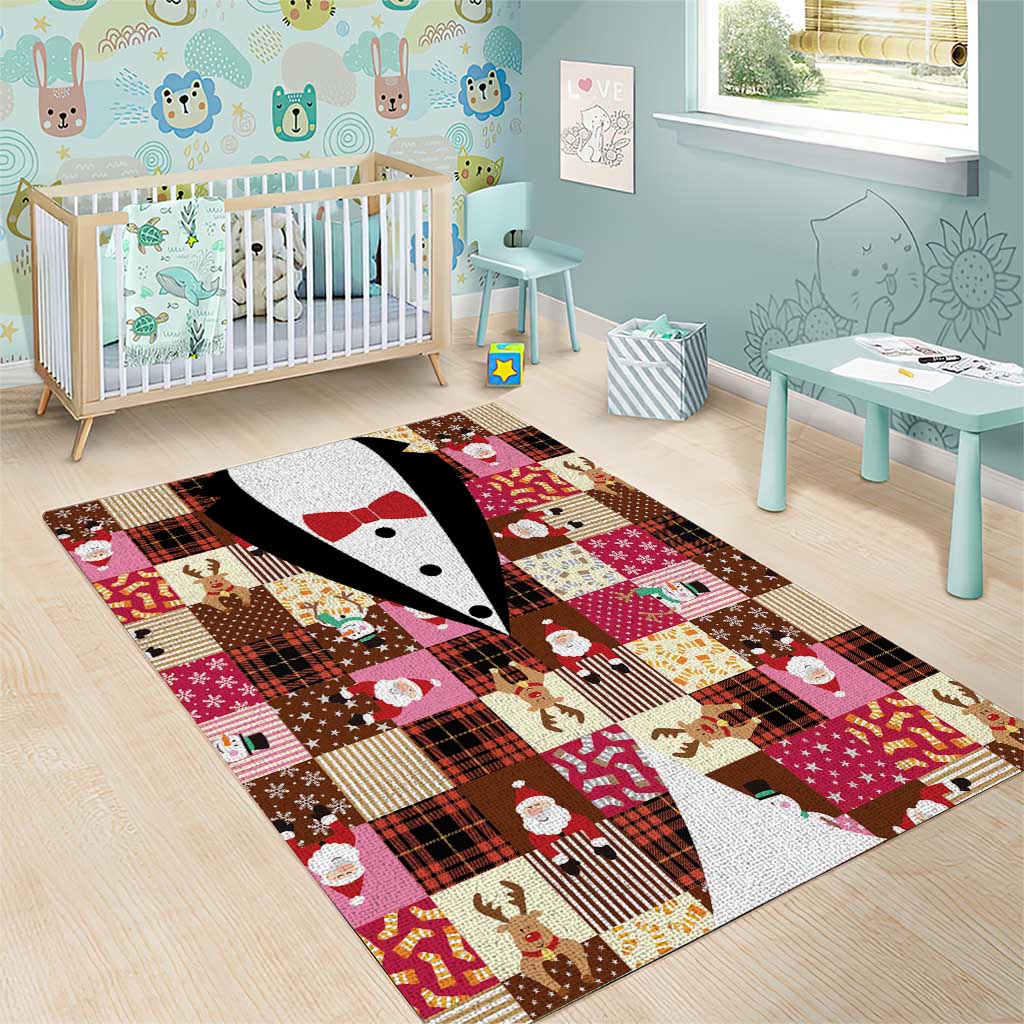 Christmas Patchwork Fake Tuxedo Area Rug Santa and Reindeer Pink Plaid Style - Wonder Print Shop