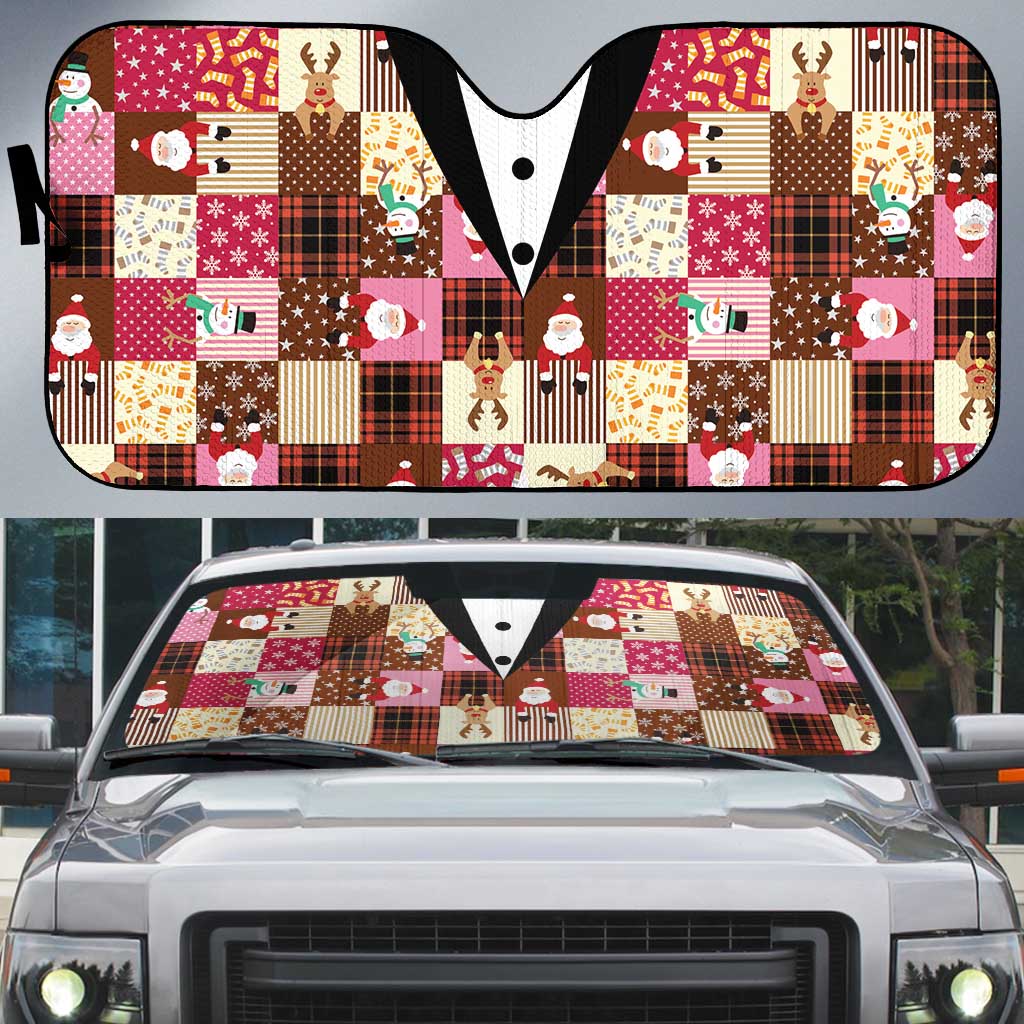 Christmas Patchwork Fake Tuxedo Auto Sun Shade Santa and Reindeer Pink Plaid Style - Wonder Print Shop