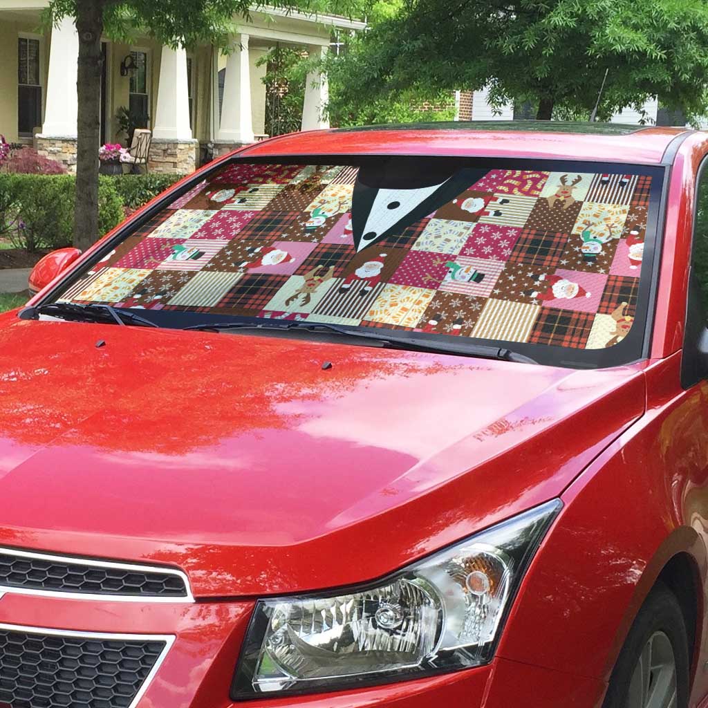 Christmas Patchwork Fake Tuxedo Auto Sun Shade Santa and Reindeer Pink Plaid Style - Wonder Print Shop