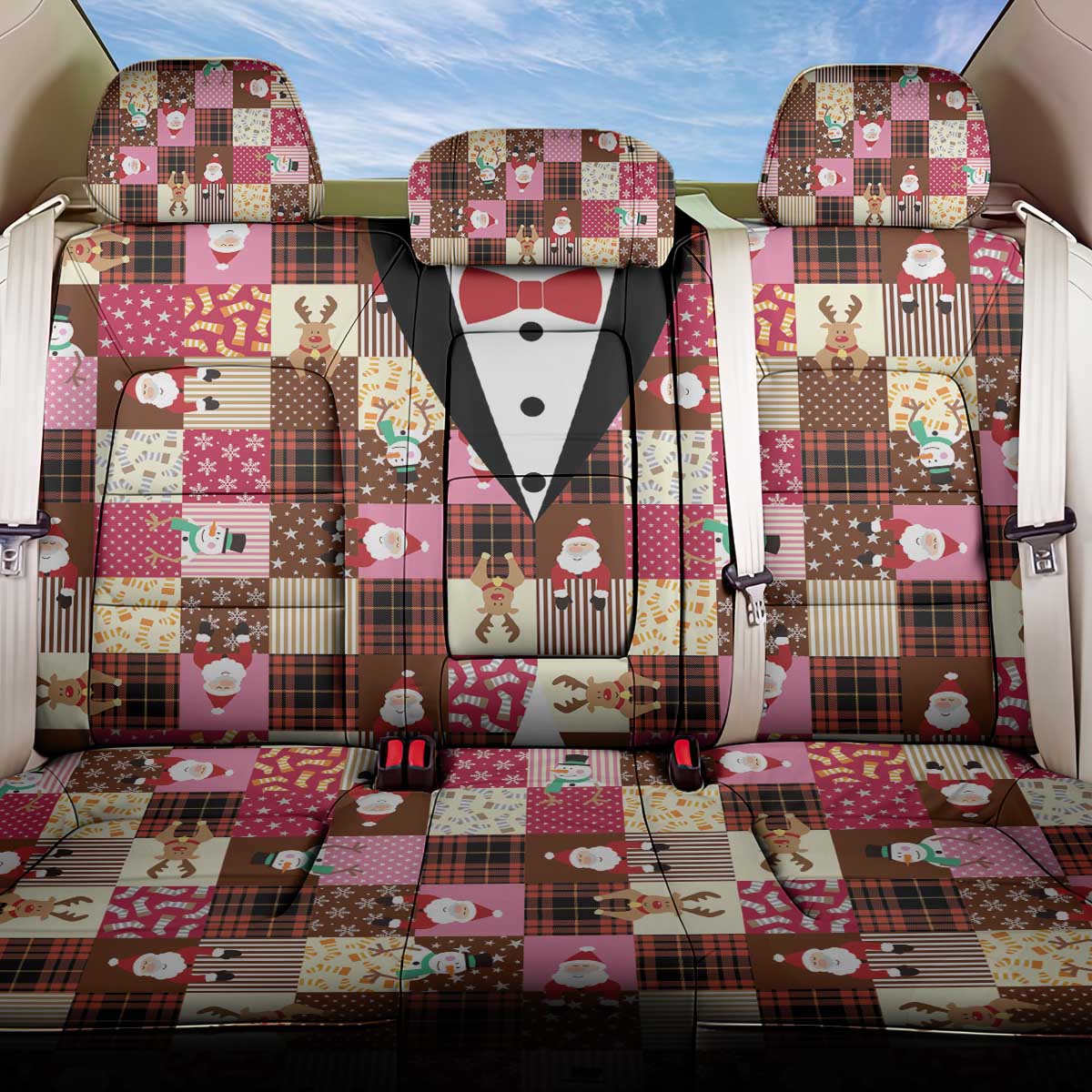 Christmas Patchwork Fake Tuxedo Back Car Seat Cover Santa and Reindeer Pink Plaid Style - Wonder Print Shop
