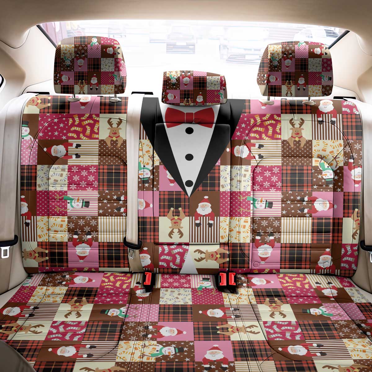 Christmas Patchwork Fake Tuxedo Back Car Seat Cover Santa and Reindeer Pink Plaid Style - Wonder Print Shop