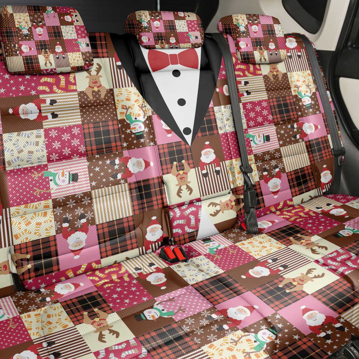 Christmas Patchwork Fake Tuxedo Back Car Seat Cover Santa and Reindeer Pink Plaid Style - Wonder Print Shop