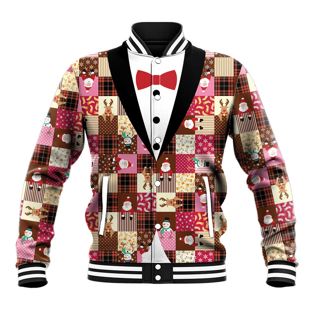 Christmas Patchwork Fake Tuxedo Baseball Jacket Santa and Reindeer Pink Plaid Style - Wonder Print Shop