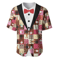 Christmas Patchwork Fake Tuxedo Baseball Jersey Santa and Reindeer Pink Plaid Style - Wonder Print Shop