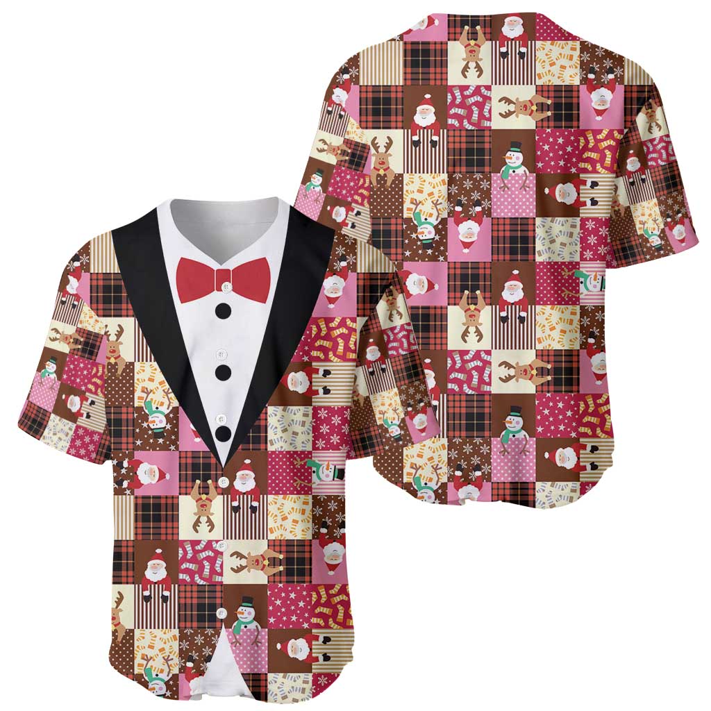 Christmas Patchwork Fake Tuxedo Baseball Jersey Santa and Reindeer Pink Plaid Style - Wonder Print Shop