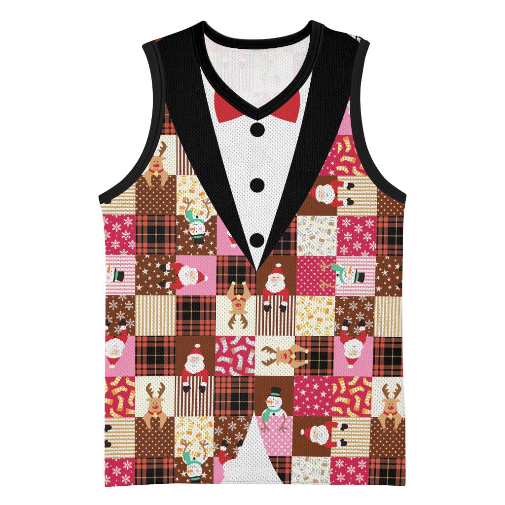 Christmas Patchwork Fake Tuxedo Basketball Jersey Santa and Reindeer Pink Plaid Style - Wonder Print Shop