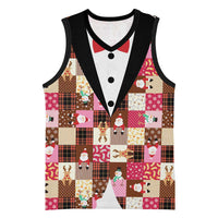 Christmas Patchwork Fake Tuxedo Basketball Jersey Santa and Reindeer Pink Plaid Style - Wonder Print Shop