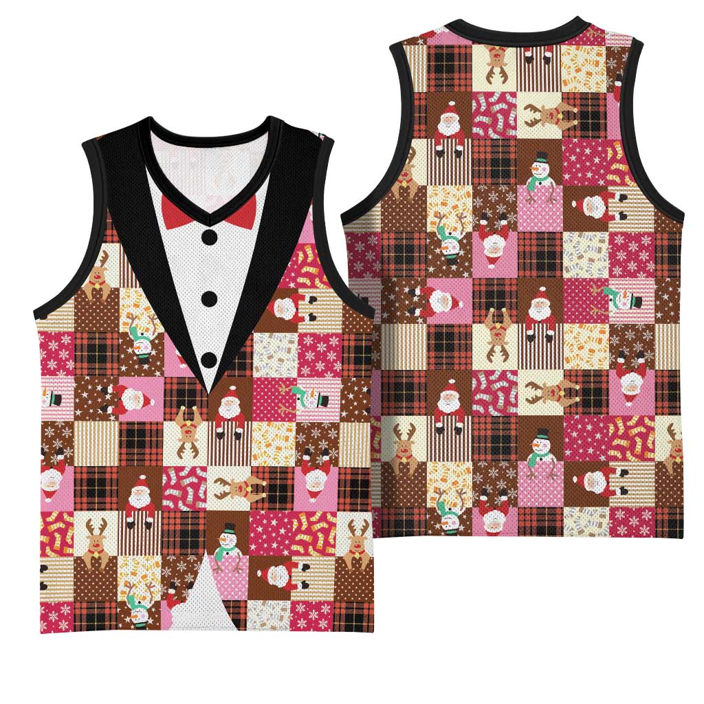 Christmas Patchwork Fake Tuxedo Basketball Jersey Santa and Reindeer Pink Plaid Style - Wonder Print Shop