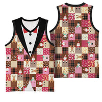 Christmas Patchwork Fake Tuxedo Basketball Jersey Santa and Reindeer Pink Plaid Style - Wonder Print Shop