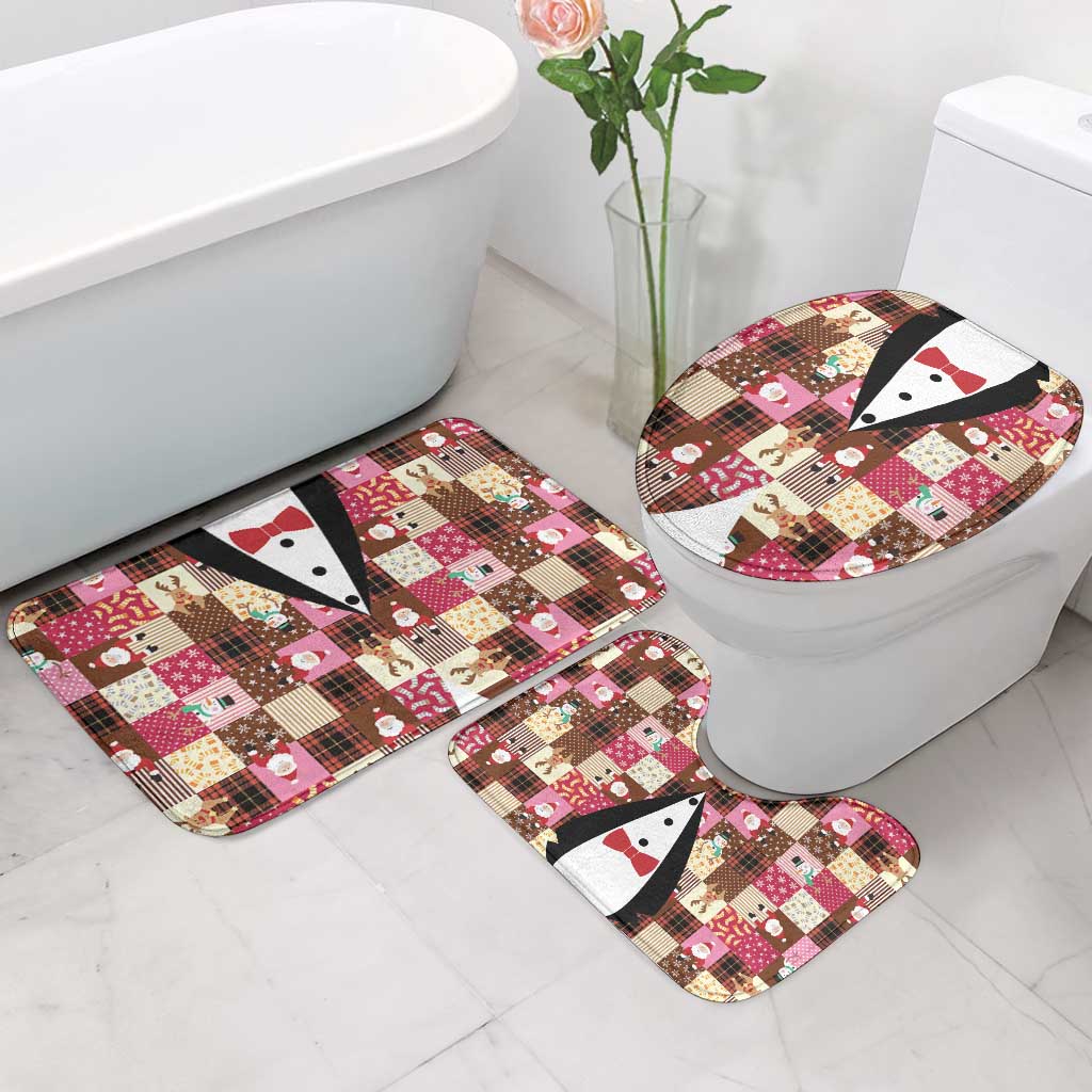 Christmas Patchwork Fake Tuxedo Bathroom Set Santa and Reindeer Pink Plaid Style - Wonder Print Shop