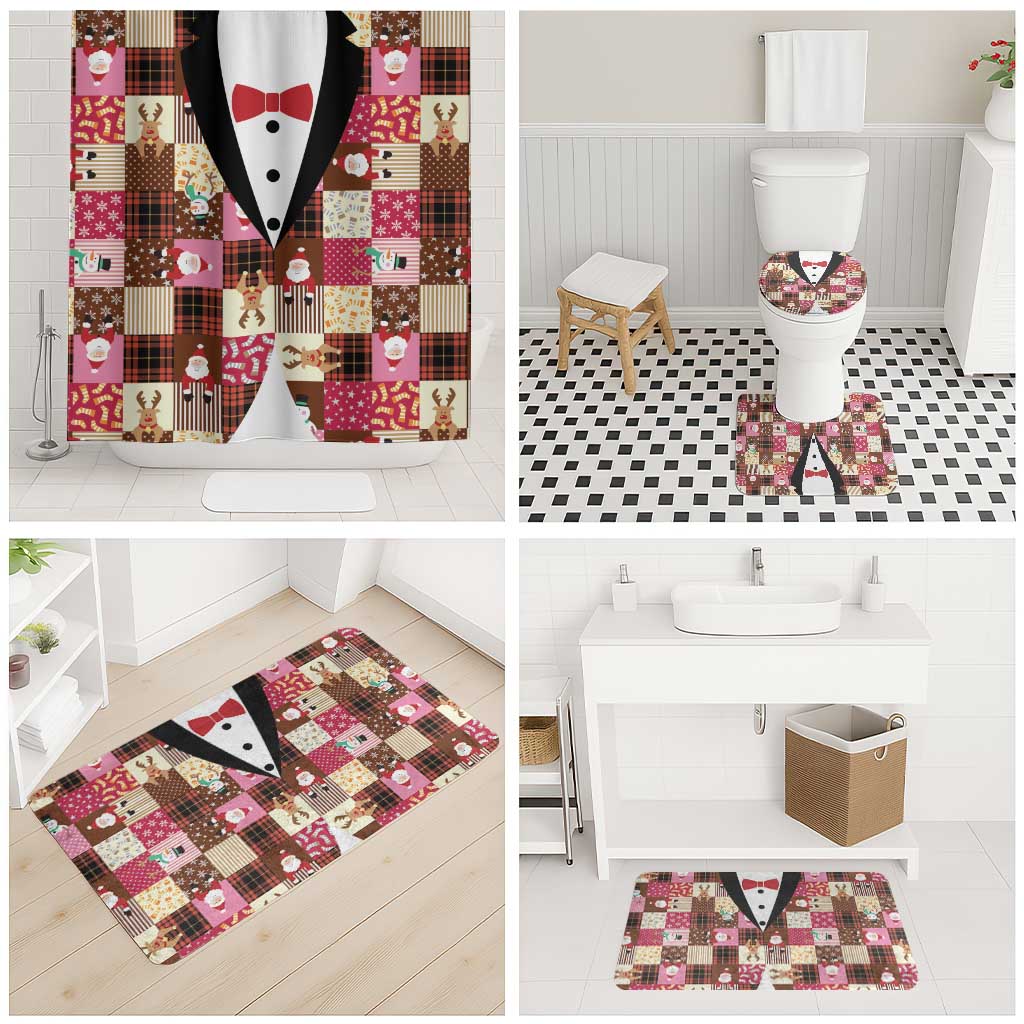 Christmas Patchwork Fake Tuxedo Bathroom Set Santa and Reindeer Pink Plaid Style - Wonder Print Shop
