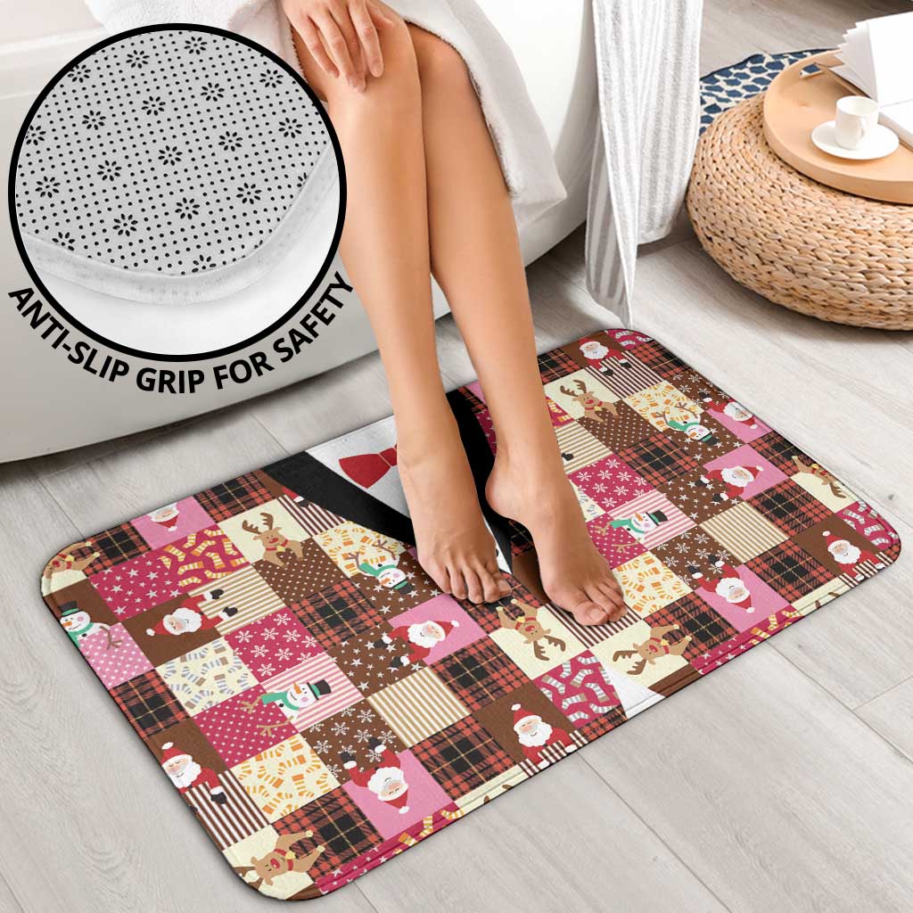 Christmas Patchwork Fake Tuxedo Bathroom Set Santa and Reindeer Pink Plaid Style - Wonder Print Shop