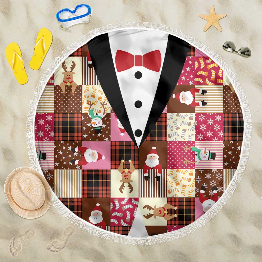 Christmas Patchwork Fake Tuxedo Beach Blanket Santa and Reindeer Pink Plaid Style - Wonder Print Shop