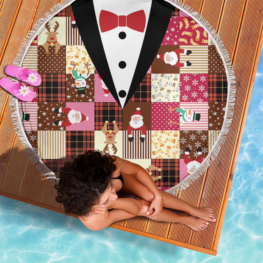 Christmas Patchwork Fake Tuxedo Beach Blanket Santa and Reindeer Pink Plaid Style - Wonder Print Shop