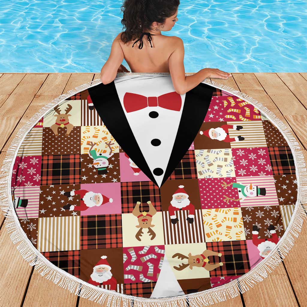 Christmas Patchwork Fake Tuxedo Beach Blanket Santa and Reindeer Pink Plaid Style - Wonder Print Shop