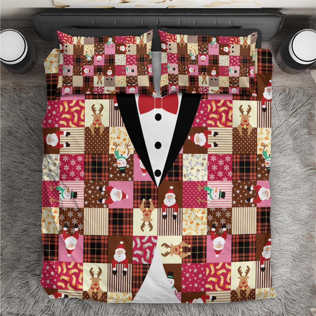 Christmas Patchwork Fake Tuxedo Bedding Set Santa and Reindeer Pink Plaid Style - Wonder Print Shop
