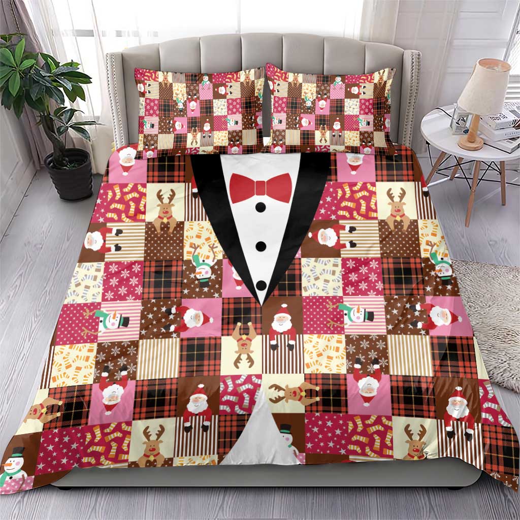 Christmas Patchwork Fake Tuxedo Bedding Set Santa and Reindeer Pink Plaid Style - Wonder Print Shop