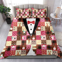 Christmas Patchwork Fake Tuxedo Bedding Set Santa and Reindeer Pink Plaid Style - Wonder Print Shop